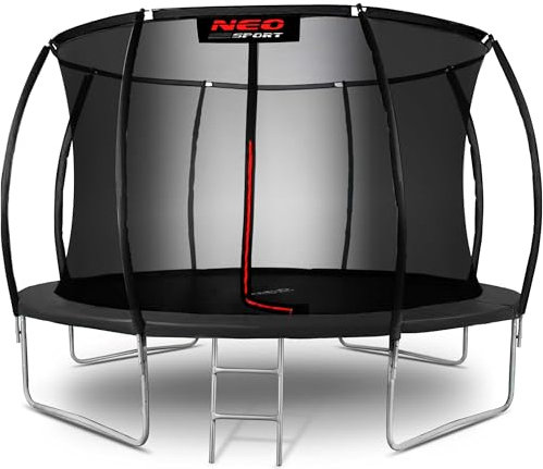 Neo-Sport Trampolin Outdoor Kinder Gartentrampolin Sicherheitsnetz Innen Leiter Gepolsterte Stangen Wetterfest Rostfrei Belastbar bis 150 kg Rot Schwarz 374 cm