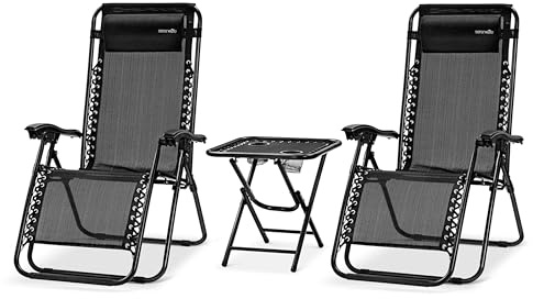 SereneLife Set de 2 Chaises Pliantes - Chaise Longue Réglable pour Extérieur avec Table Latérale, Porte-Gobelets, Oreillers Amovibles - Patio, Jardin, Plage - Noir