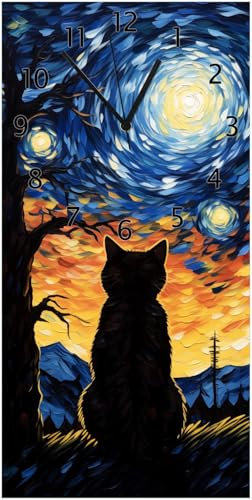 Wallario Design-Wanduhr Katze im Sternenlicht aus Glas, Motiv-Uhr Größe 30 x 60 cm, Schwarze Zeiger