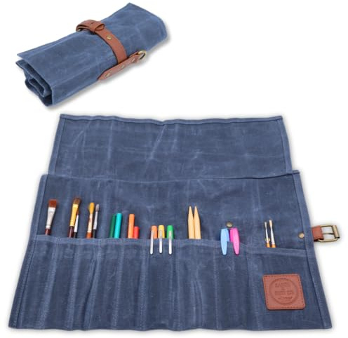 Earth & Fiber Co. Soporte Compacto para Pinceles de Pintura de Lona Encerada y Cuero, Bolsa de Arte portátil para Pintar y Dibujar, Organizador de Suministros de Arte, Bolsa de Almacenamiento para