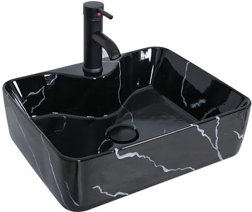 YU YUSING Ensemble complet - Lavabo Vasque à Poser Rectangulaire en Céramique avec Ensemble de Robinets, Lave-Mains, pour Salle de Bain, WC d'invités, Noir Moderne, 48 x 38 x 13.5 cm