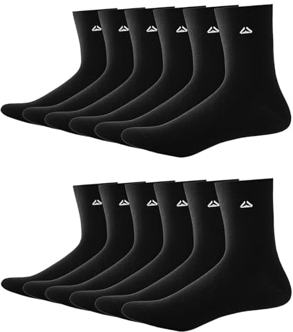 Gendewiner Plain Black Mens Cotton 9-12 9-11 5-8 6-8 Size 7 10 Mid Calf Socks 6 Pairs Multipack for Business and Work with Comfort Cuff Breathable Comfortable Durable Boys Men's Trainer Walking Dress