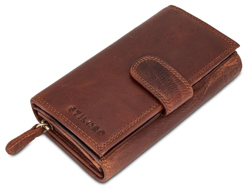STILORD Elisa Geldbörse Damen Cognac Leder Groß viele Fächer mit Reißverschluss Portemonnaie Damen RFID-Schutz Frauen Geldbeutel extra Münzfach im Hochformat Echt-Leder