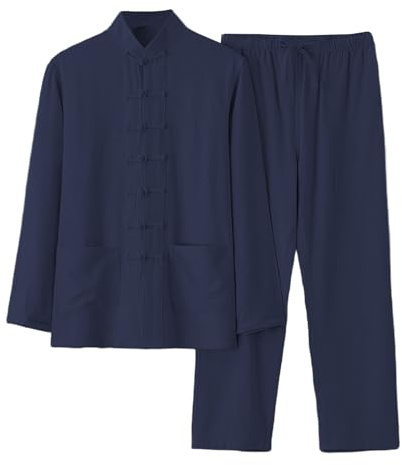 Chemise en lin pour homme - Style chinois - Tenue en lin - Chemises + pantalon en lin - 2 pièces - Tenue de tai chi - Respirant - Costume de kungfu - Coupe droite, Marine, XL