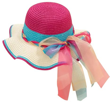FOSDICK Chapeau de Paille, Chapeau Paille Enfant Large Bord, ExtéRieur Chapeaux de Soleil Filles avec Rubans Arc, D'été Respirant Chapeaux Plage pour Voyage Randonée Plage