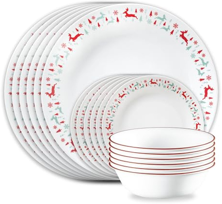 Corelle Vitrelle 18-teiliges Weihnachtsservice für 6 Geschirr-Set, dreilagiges Glas und splitterfest, leicht, rund, Urlaubsteller und Schüsseln, Be Merry