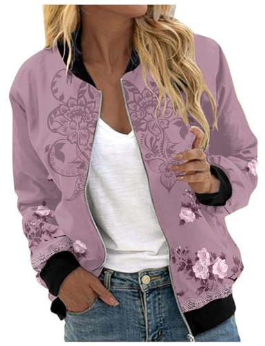 Bomberjacke Damen Kurze Blouson Jacke Casual Pilotenjacke Langarm Outwear Zip Up Solid/Blumenmuster Leichte Coat Sweatjacke Dünne Übergangsjacke Frühlingsjacke Wanderjacke Fliegerjacke College Jacket