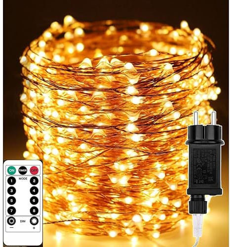 Luci di Natale Da Esterno Ed Interno 50m con 500 LED Bianco Caldo IP44, Luci Albero Di Natale Con Telecomando 8 Modalità, Impermeabili, Catena Luminosa Esterno Decorativa per Albero, Giardino, Feste