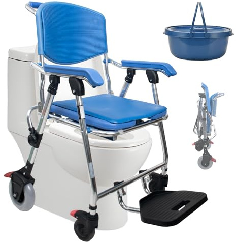 BOVDC Silla Ducha WC con Ruedas Plegable, 3 en 1 Silla para Ducha para Personas Mayores con Ruedas, Azul Silla de Baño para Ancianos y Mayores con Ruedas Ducha, Impermeable y Antideslizante