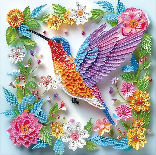 Kit de Pintura de Diamantes 5D Colibrí y Flores, Diamond Painting Completo para Adultos y Principiantes, Arte DIY con Strass Brillantes, Cuadro de Diamantes para Decoración del Hogar 30x30 cm