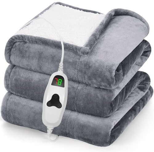 greenoak Heated Blanket Electric Throw 50X60, Heating Blanket with 10 Heat Levels 1/2/4/6/8 Hours Auto-Off,Fleece Soft Sherpa Blanket,Gifts for Grandma Mom Seniors, Misty Grey