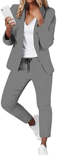 Conjunto de 2 piezas de chaqueta y pantalones de manga larga para mujer, conjunto de traje de oficina para negocios, conjunto a juego, gris, XL