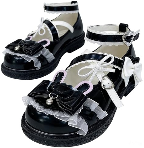 Jemnpela Mary Jane-skor för kvinnor, Lolita, JK, platta skor med rosett, spets, rund tå-spänne, söt Kawaii vardagliga pumpar för dejter, bröllop, cosplay, skola, resefest, Stil6 Svart, 37 EU