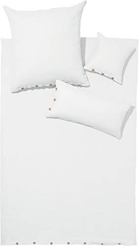 Erwin Müller Bettwäsche, Bettgarnitur Halbleine Uni Deggendorf - für kühle Tage, feuchtigkeitsregulierend, rustikale Holzknöpfe - weiß Größe 40x80 cm / 135x200 cm