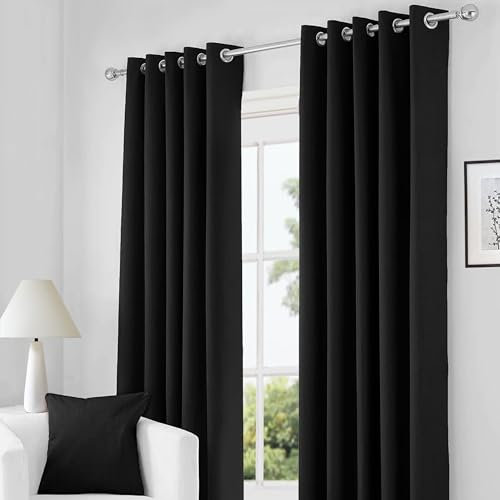 RayyanLinen Readymade Blackout Thermal Eyelet Ring Top Pair of Curtains Including 2 Tiebacks (BLACK, Width 46 x Drop 54)