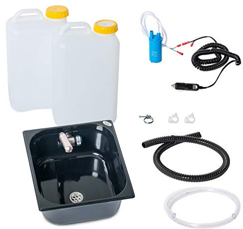 12V Wasseranlage Imbisswagen Verkaufsanhänger Campingküche Bausatz Spüle Design Schwarz 354x325x150 Integriert Wasserhahn Barwig Chrom Wasserkanister 19 Liter (ad-ideen)