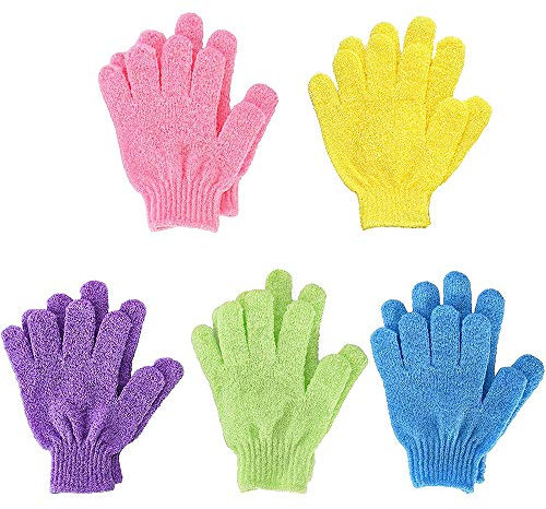 Dusche Handschuh,Badehandschuhe 5 Paar Doppelseitige Nylon Peeling Handschuhe Body Scrubbing Handschuh für Männer Frauen Kinder, 5 Farben
