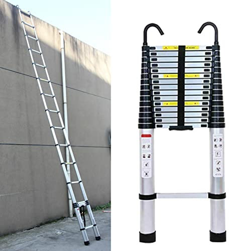 5m Aluminium Teleskopleiter mit 2 Haken, rutschfest Ausziehleiter Dachbodenleiter Ausziehbar Anlegeleiter, 13 Sprossen, Multifunktionsleiter Leicht zu Tragen, 150kg Tragkraft, Silber