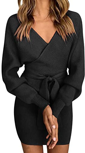 Vancavoo Strickkleid Damen Pulloverkleid V-Ausschnitt Elegant Langarm Pullover Winterkleid Strickpullover Kleid Bodycon Minikleid Sexy Rückenfrei Tunika Kleid Mit Gürtel für Herbst Winter,Schwarz XL
