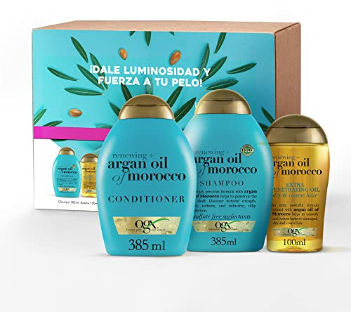OGX Renewing Argan Oil of Morocco Rutina, Set de champú (1x385 ml), acondicionador hidratante ( 1x385 ml) y aceite para el pelo (1x100 ml) para cabello seco y dañado, gama con aceite de argán