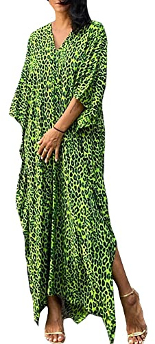 FSMO Elegante poncho de playa estampado étnico suelto caftán smock verano maxi vestido, Leopardo verde., Talla única