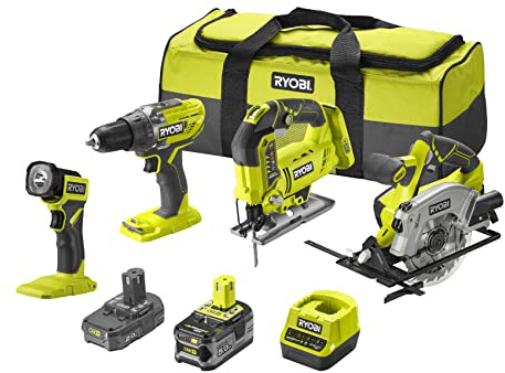 Ryobi - Kombination med 4 verktyg 18 V ONE+: borrskruvmejsel + sticksåg + cirkelsåg + LED-ficklampa - Levereras i bärväska med 2 batterier 5 och 2 Ah och 1 laddare - RCK184A-252S