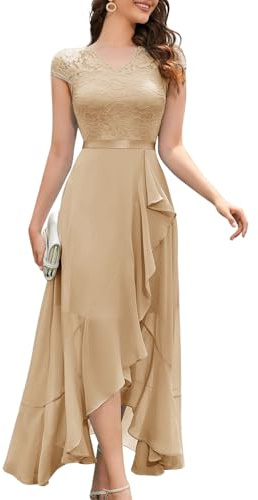 Bbonlinedress Mujer Vestido A-línea de cóctel Top Falda de Encaje Columpio de Gasa para Boda de Bola de Fiesta Cuello en V Manga Corta Gasa Corte para Mujer Champagne XS