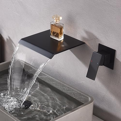 Waterfall Wall Mount Faucet Bathroom Bathtub Tub Faucet Bathroom Sink Faucet Single Handle Tub Filler Rough-in Valve Included Matte Black Modern Basin Mixer Tap
