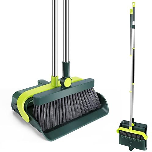 HEVOL Besen und Kehrschaufel Set,119cm Besen mit Stiel, Kehrschaufel Combo mit Langem Griff,Kehrschaufel Set mit Kammzähne,Schaufel und Besen Set für Haushaltsreinigung von Haus, Küche, Büro - Grün