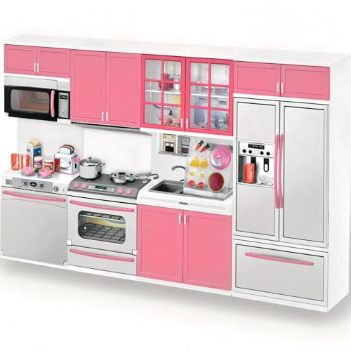 Doll Kitchen Playset for Kids, My Modern Mini Kitchen House Furniture Pretend Play Toy Accessories Set with Realistic Lights & Sounds for Toddlers, Girls (4-in-1)