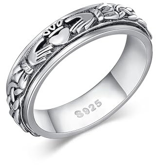 Claddagh Fidget Spinner Ringe 925 Sterling Silber Keltischer Knoten Angst Ring Ewigkeit Liebe Irischer Claddagh Schmuck Geburtstags Geschenke für Damen Frauen Mädchen Männer Mutter Ehefrau (Größe 8)