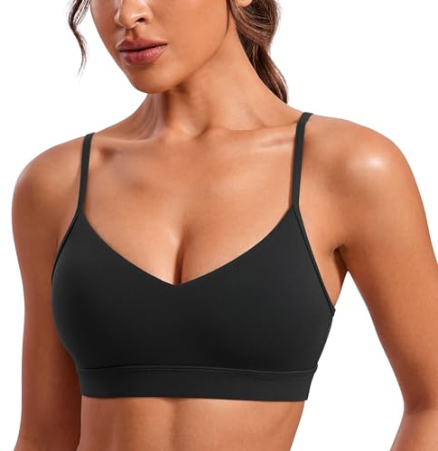 CRZ YOGA Butterluxe V-Neck Sports Bras for Women - Adjustable Thin Straps Padded Yoga Top Basic Wireless Camisole Black Medium