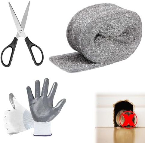 Klfte Steel Wool for Mice Control, 3.2 x12 ft Wool, Gap Filler for Home & Garage, DIY Bundle with Gloves & Scissors - 1 Pack