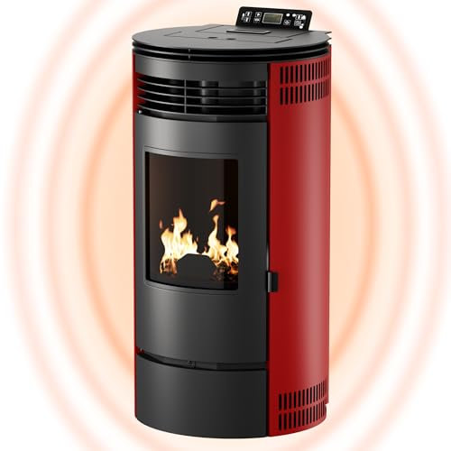 UMBRELLA® PR8 estufa de pellets 9 kW hasta 220 m³ – Chimenea eléctrica con modo ECO, Wi-Fi Ready, temporizador semanal y termostato de sobrecalentamiento para una calefacción eficiente – Rojo