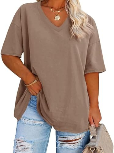 Fisoew Señoras Tallas Grandes Camiseta Media Manga Camisa con Cuello en V Verano Suelta Top Básico Sobredimensionado Manga Corta Algodón tee Tops