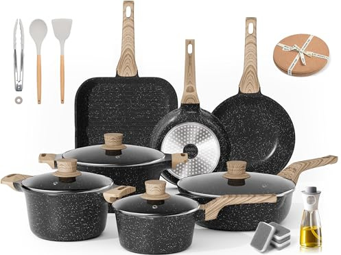 RIOVARM Induktion kastruller och stekpannor set med lock granit non-stick beläggning köksredskap set med grillpanna kök Essentials set stekpanna kastrull sautös såspanna spatel