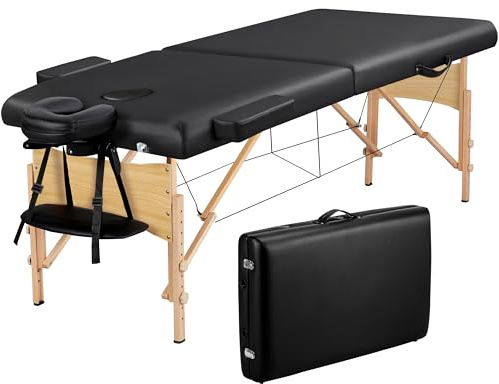 Soberine Lettino per Massaggio Pieghevole Portatile Professionale a 2 Zone Supporto in Legno 213 x 70 cm Altezza Regolabile Poggiatesta e Briaccioli Nero