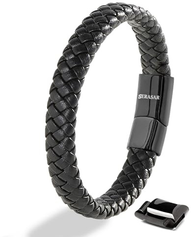 SERASAR Lederarmband Herren Schwarz 20cm Armband Männer Leder Armreif Lederband Herrenschmuck Armkette Flecht Wickelarmband Kette Men Leather Bracelet