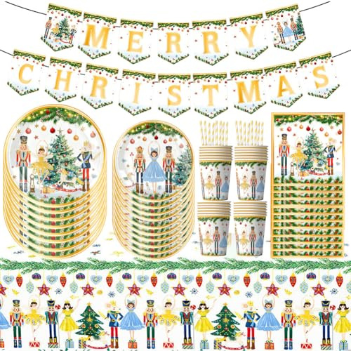 Set di Stoviglie Schiaccianoci 62 Pezzi di Stoviglie per Feste a Forma di Schiaccianoci con Striscione Tovaglioli Tovaglie Piatti Cannucce Bicchieri di Carta per Festa di Natale