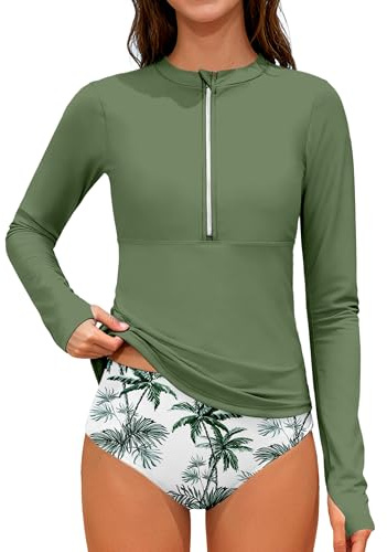 ADIFUN Teen Swimsuits for Girls 12-14 Half-Zip Long Sleeve Modest Girl Rash Guard Swimsuit with Chest Padding 2 Piece Swimwear UPF 50+ Green Bathing Suits