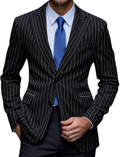 Bauzuoyo Costume classique pour homme Blazer avec rayures à revers deux boutons Veste de sport légère Business Casual Veste de costume Coupe ajustée Rayures fines Veste de smoking pour mariage, Noir