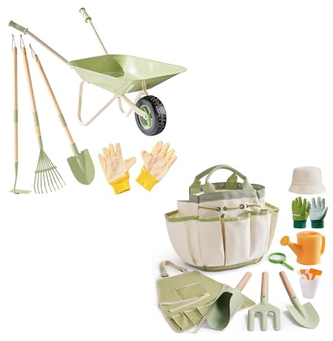 ROBOTIME Kids Gardening Tools & Wheelbarrow Set, 22 PCS Toddler Gardening Set with Metal Wheelbarrow, Shovel, Hoe, Rake, Gloves & More, Outdoor Yard Play Gardening Toys Gift for Boys and Girls Ages 3+