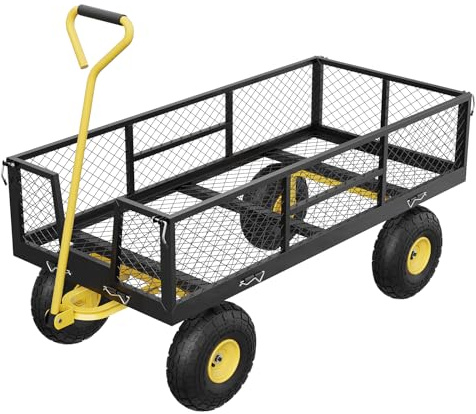 900 LB Carro de Jardín con Paneles Laterales de Malla Extraíbles, Carro Playa con 10 Grandes Ruedas y Mango Ajustable de 180°, Adecuado para Granjas, Corrales y Operaciones de Transporte