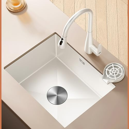 TAXXII White Single Bowl Sink, Stainless Steel Kitchen Undercounter Washbasin, Bar Sink with Cup Wash, Pull-Out Faucet, Drain Basket (Size : 45x45cm(17.71x17.71in))