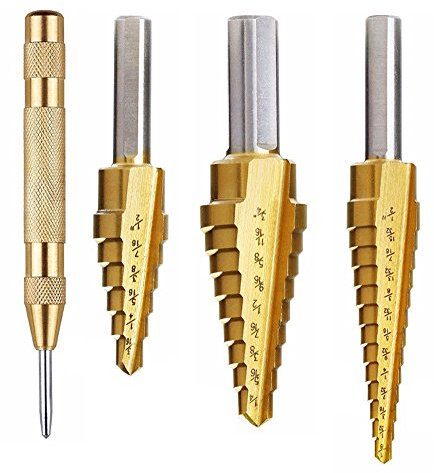 NUZAMAS Lot de 3 forets étagés HSS titane avec poinçon central automatique | Acier rapide | Total de 28 tailles – Pointe fendue à 118°