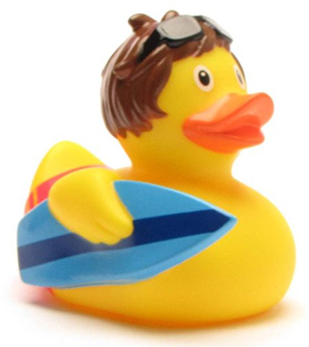 Duckshop Anatra da bagno surfer Boy I papera, lunghezza: 8 cm, con portachiavi incluso nel set