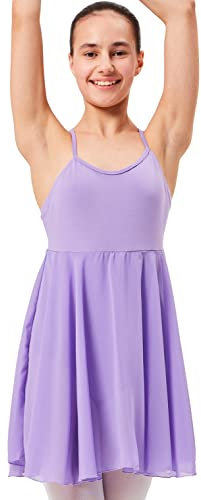 tanzmuster ® Ballettkleid Mädchen Träger - Alma - aus weicher Baumwolle mit langem Chiffon Röckchen Trikot Ballettanzug Ballettbody fürs Kinder Ballett in Lavendel, Größe:164/170