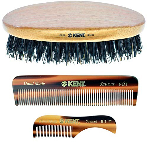 Kent Set of 3, 81T Small Beard and Mustache Comb, Fot All Fine Pocket Comb and PF22 Hair Brush and Beard Bruh, Best Beard and Mustache Grooming Kit for Travel and Home Beard Care, Made in England