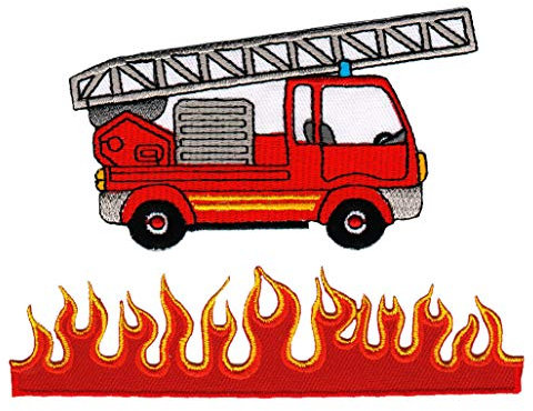 Bestellmich 2er Set Feuerwehr Leiterwagen und Feuer Flammen Aufnäher Bügelbild Patch