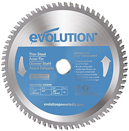 Evolution 185mm T185TCT-68CS Hoja de sierra para cortar acero delgado - Hoja de sierra de metal con punta de carburo de 68 dientes genera poco calor, rebabas o chispas